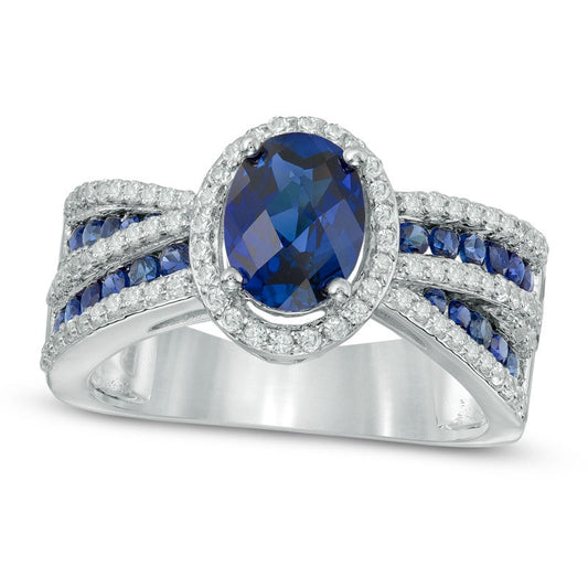 Oval Lab-Created Blue and White Sapphire Frame Engagement Ring in Sterling Silver