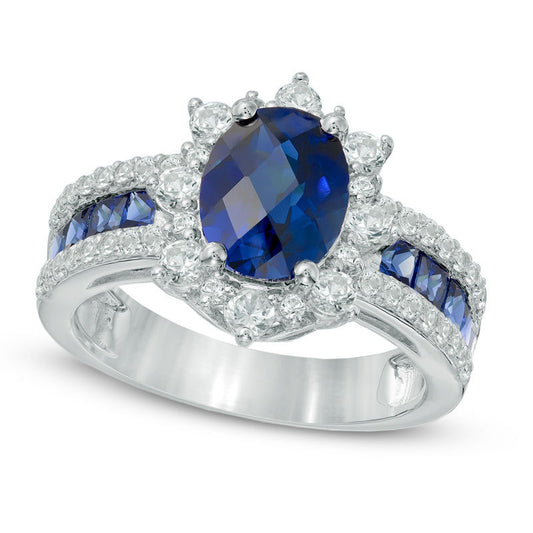 Oval Lab-Created Blue and White Sapphire Frame Engagement Ring in Sterling Silver