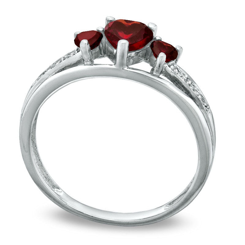 5.0mm Heart-Shaped Garnet and Natural Diamond Accent Three Stone Promise Ring in Solid 10K White Gold