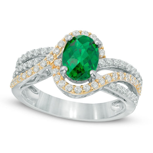 Oval Lab-Created Emerald and White Sapphire Swirl Engagement Ring in Two-Tone Sterling Silver