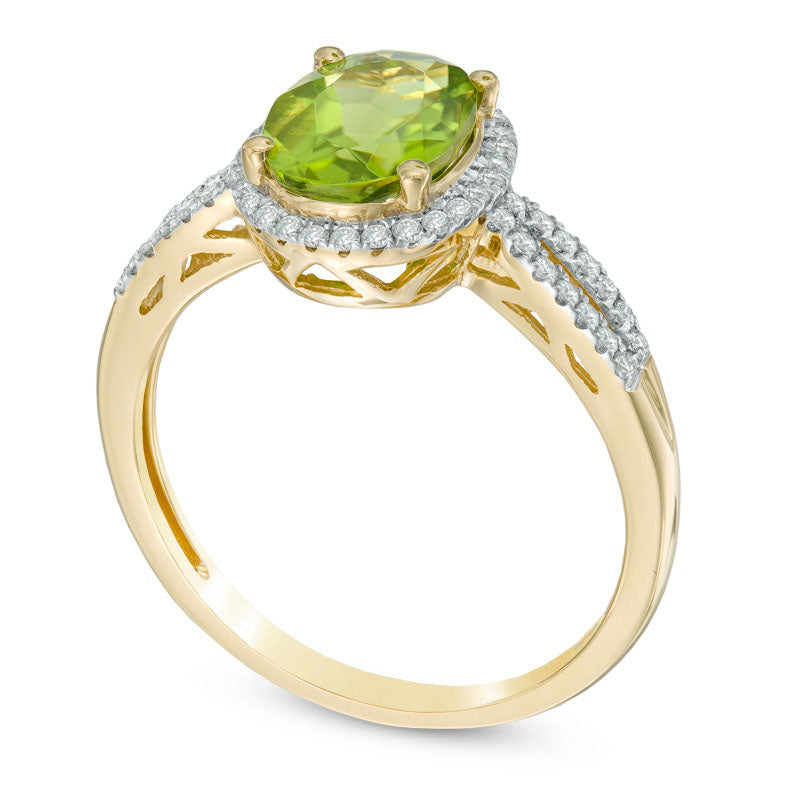 Oval Peridot and 0.20 CT. T.W. Natural Diamond Frame Ring in Solid 10K Yellow Gold