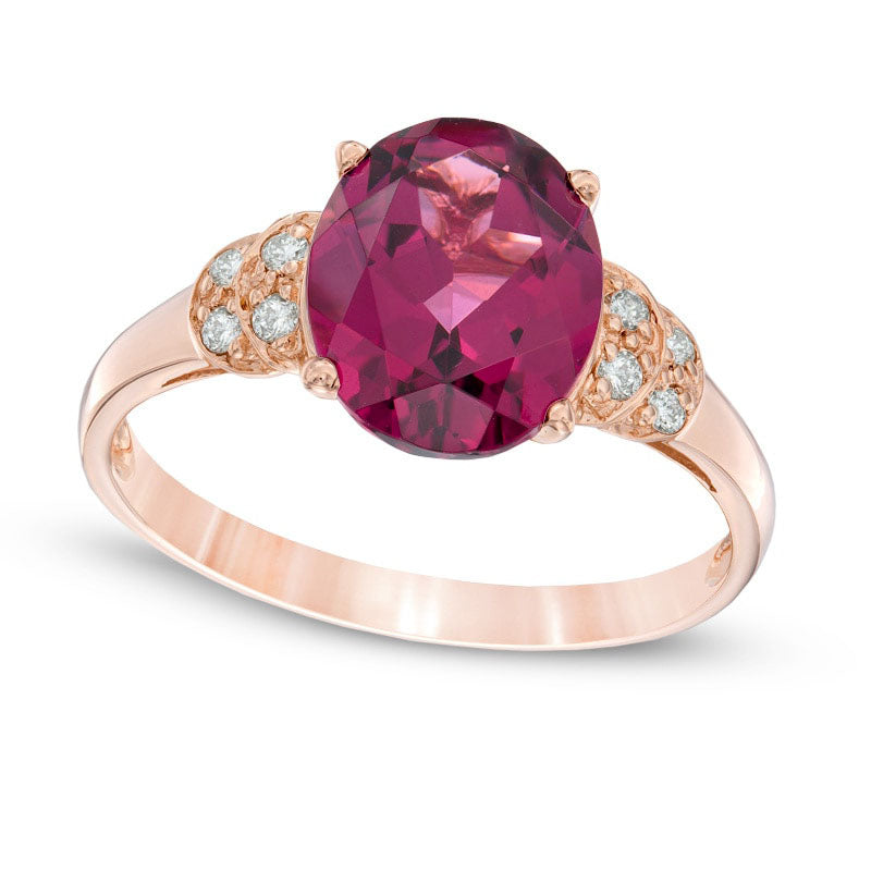 Oval Rhodolite and Natural Diamond Accent Ring in Solid 10K Rose Gold