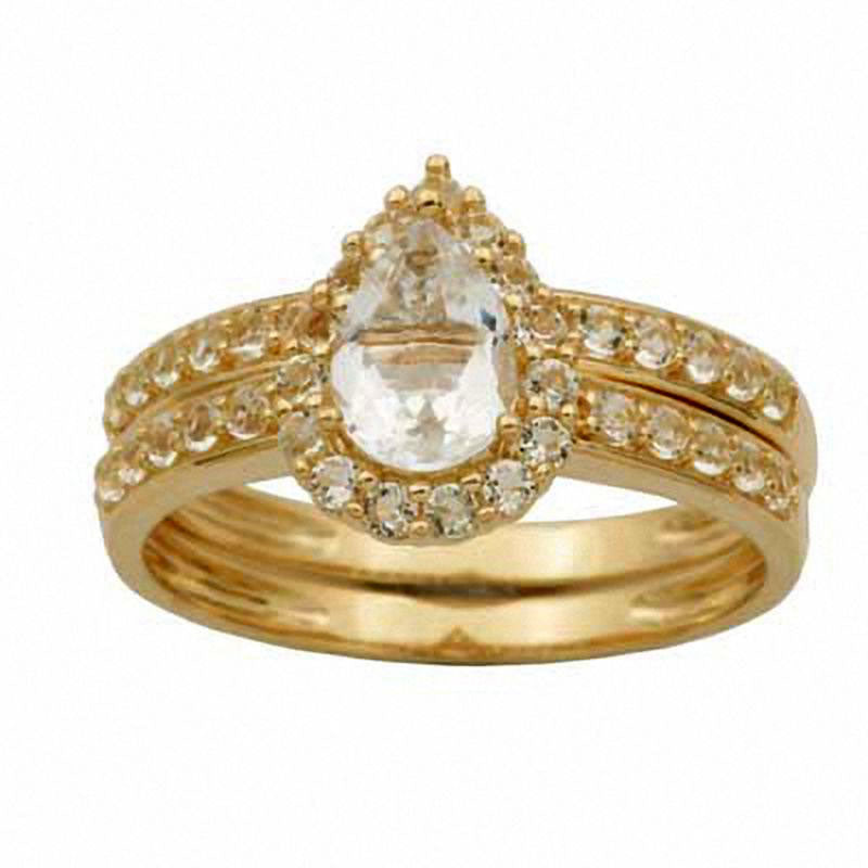 Pear-Shaped White Topaz Frame Bridal Engagement Ring Set in Solid 10K Yellow Gold