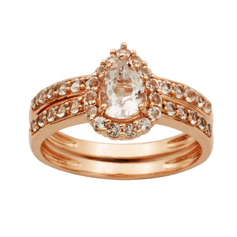 Pear-Shaped White Topaz Frame Bridal Engagement Ring Set in Solid 10K Rose Gold