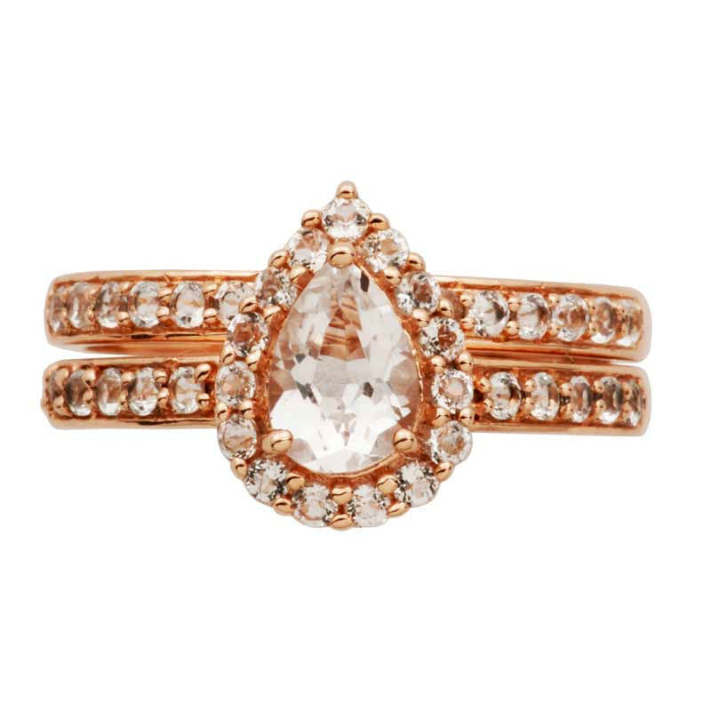 Pear-Shaped White Topaz Frame Bridal Engagement Ring Set in Solid 10K Rose Gold