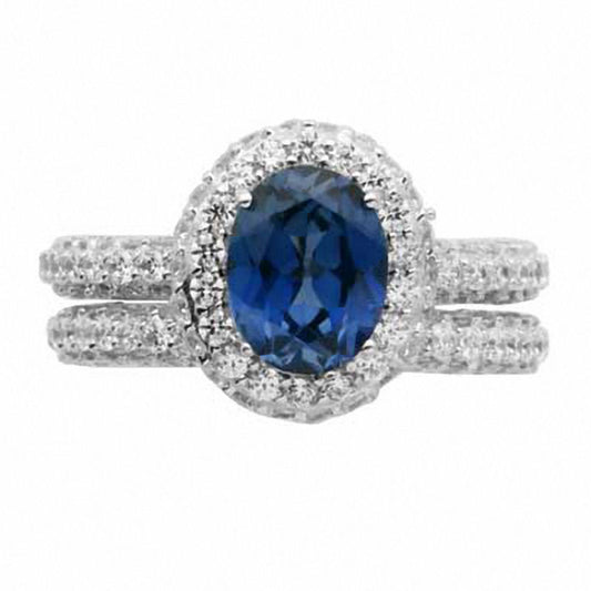 Oval Lab-Created Blue and White Sapphire Bridal Engagement Ring Set in Sterling Silver