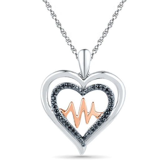 0.13 CT. T.W. Enhanced Black Natural Diamond Double Heart with Heartbeat Pendant in Sterling Silver and 10K Rose Gold