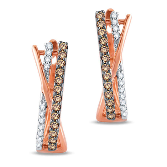 0.2 CT. T.W. Champagne and White Diamond Overlay Hoop Earrings in 10K Rose Gold