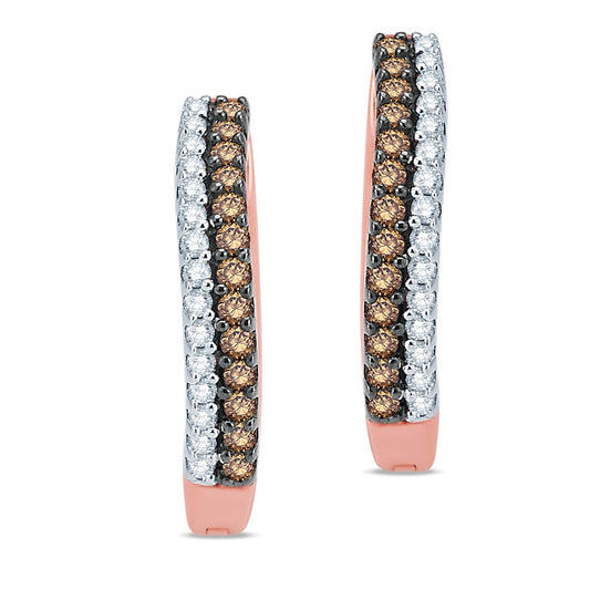 0.25 CT. T.W. Champagne and White Diamond Double Row Hoop Earrings in 10K Rose Gold