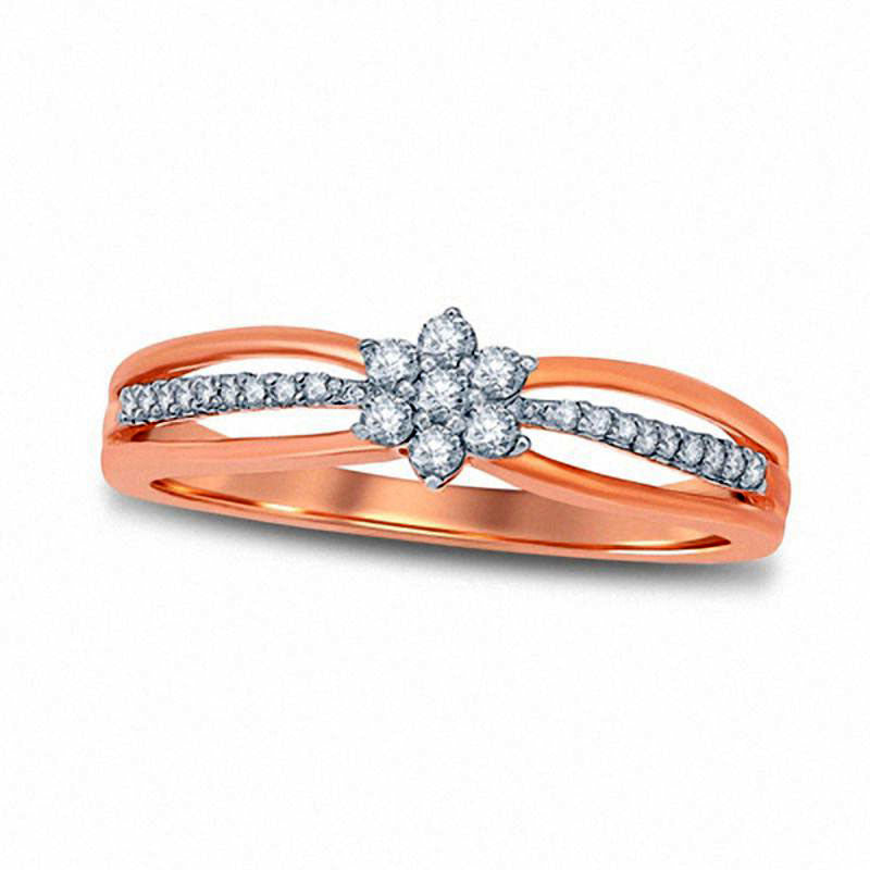 0.20 CT. T.W. Natural Diamond Flower Cluster Split Shank Promise Ring in Solid 10K Rose Gold