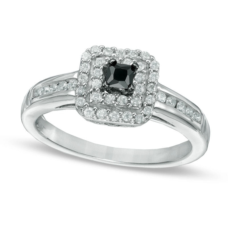 0.50 CT. T.W. Enhanced Black and White Natural Diamond Double Square Frame Engagement Ring in Sterling Silver