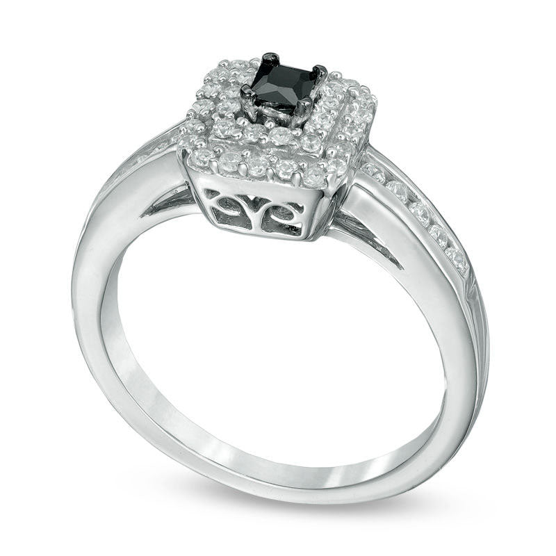 0.50 CT. T.W. Enhanced Black and White Natural Diamond Double Square Frame Engagement Ring in Sterling Silver