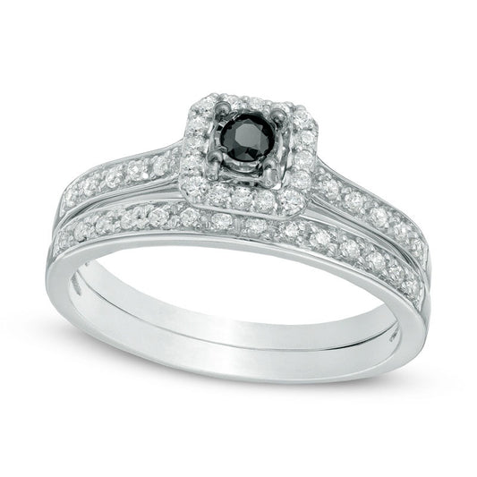 0.33 CT. T.W. Enhanced Black and White Natural Diamond Square Frame Bridal Engagement Ring Set in Sterling Silver