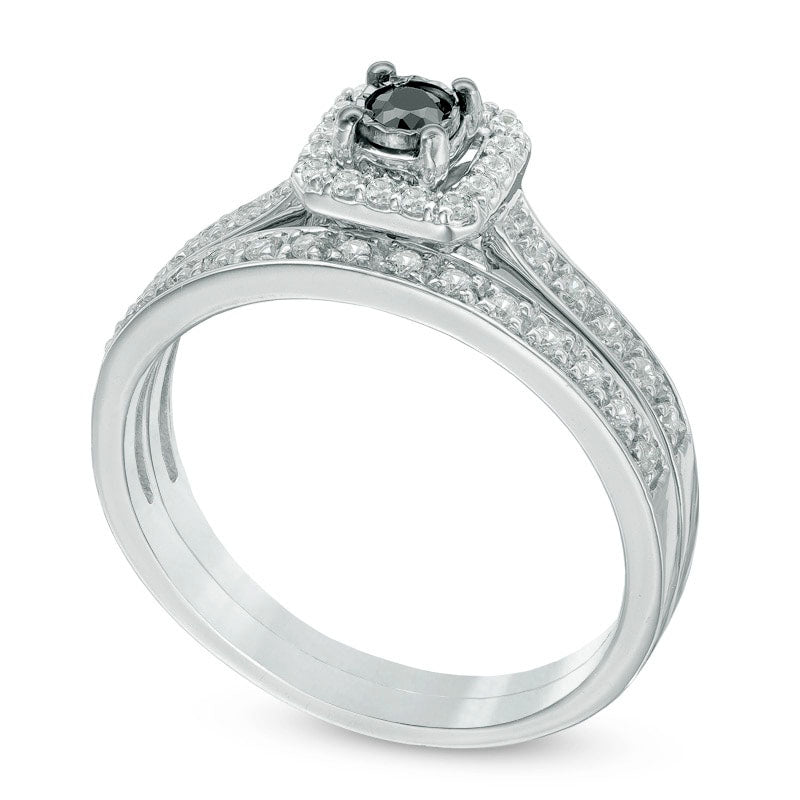 0.33 CT. T.W. Enhanced Black and White Natural Diamond Square Frame Bridal Engagement Ring Set in Sterling Silver