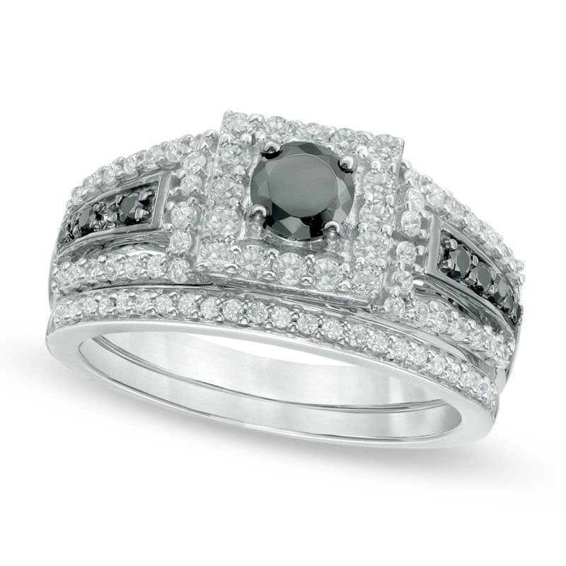 1.0 CT. T.W. Enhanced Black and White Natural Diamond Square Frame Bridal Engagement Ring Set in Solid 10K White Gold