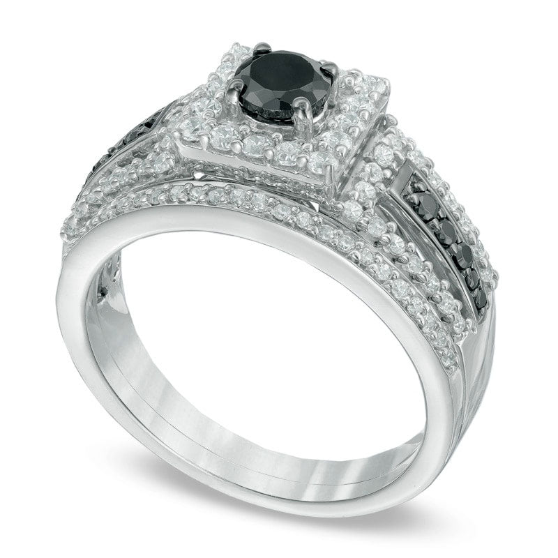 1.0 CT. T.W. Enhanced Black and White Natural Diamond Square Frame Bridal Engagement Ring Set in Solid 10K White Gold