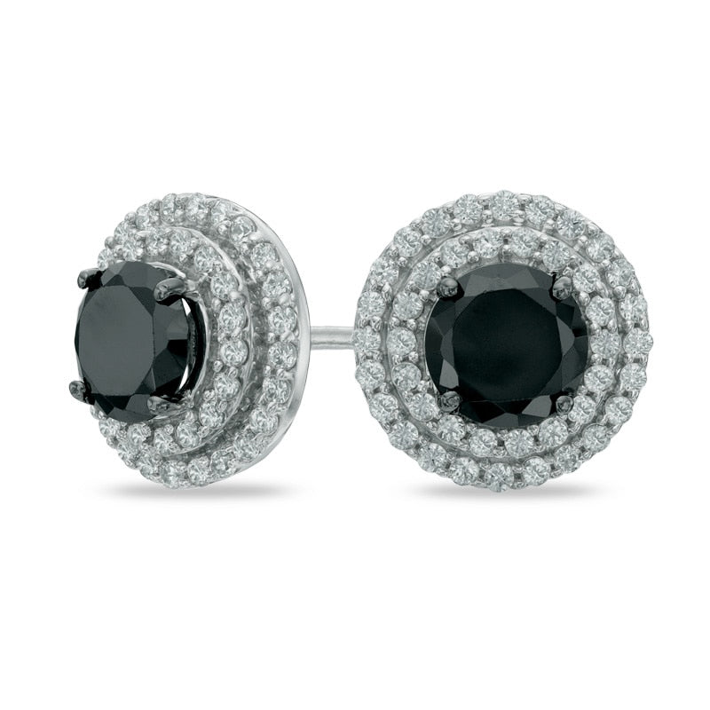 2 CT. T.W. Enhanced Black and White Diamond Double Frame Stud Earrings in 10K White Gold