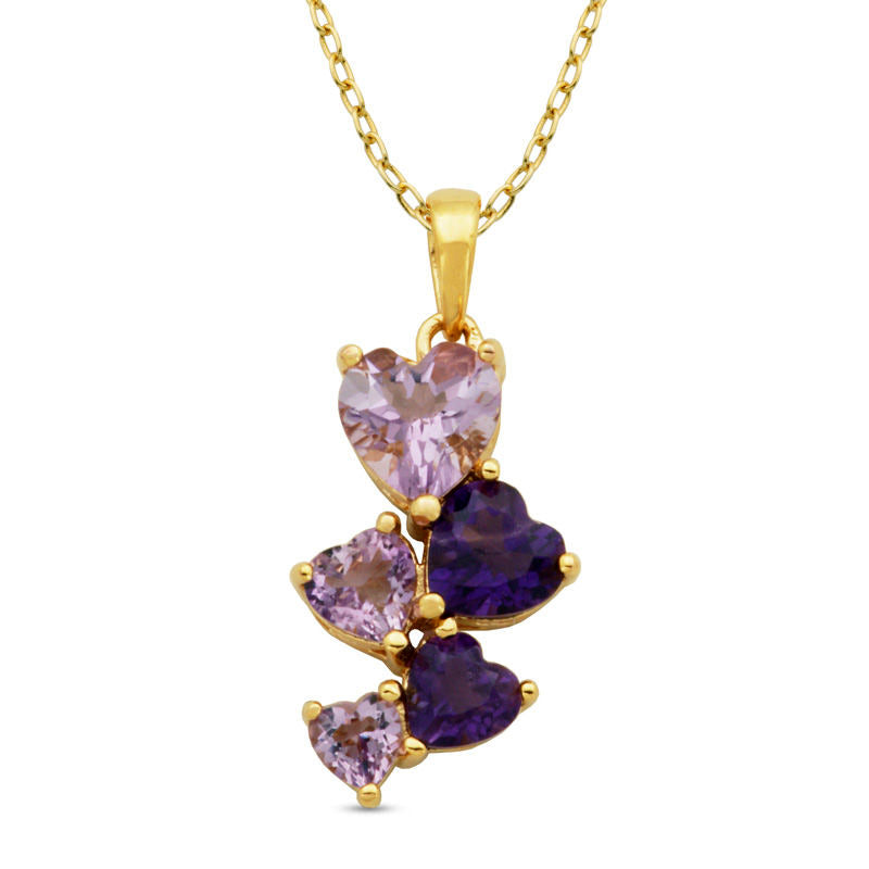 Heart-Shaped Amethyst Cascading Drop Pendant in Sterling Silver with 18K Gold Plate