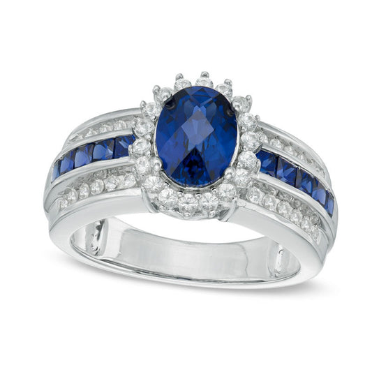 Oval Lab-Created Blue and White Sapphire Frame Engagement Ring in Sterling Silver