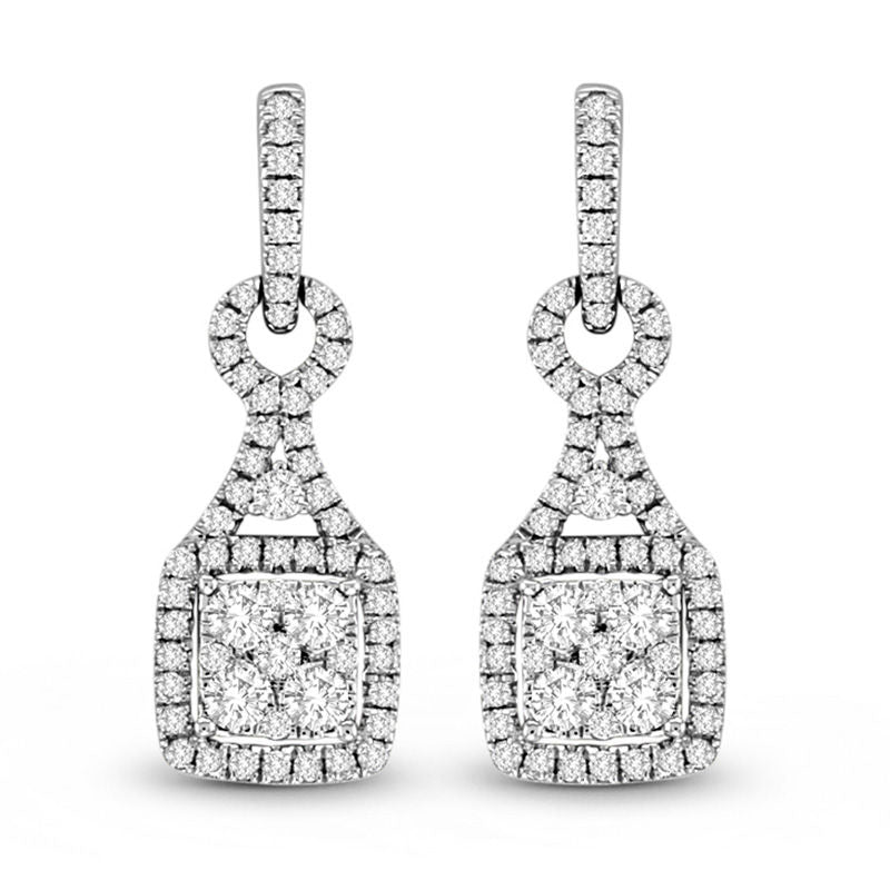 1 CT. T.W. Diamond Cluster Square Doorknocker Drop Earrings in 18K White Gold (G/SI2)