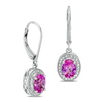 Oval Lab-Created Pink Sapphire and Diamond Accent Frame Drop Earrings in Sterling Silver