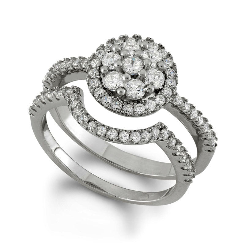 Lab-Created White Sapphire Cluster Frame Bridal Engagement Ring Set in Sterling Silver