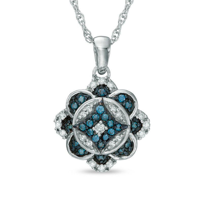 0.25 CT. T.W. Enhanced Blue and White Natural Diamond Antique Vintage-Style Clover Pendant in Sterling Silver