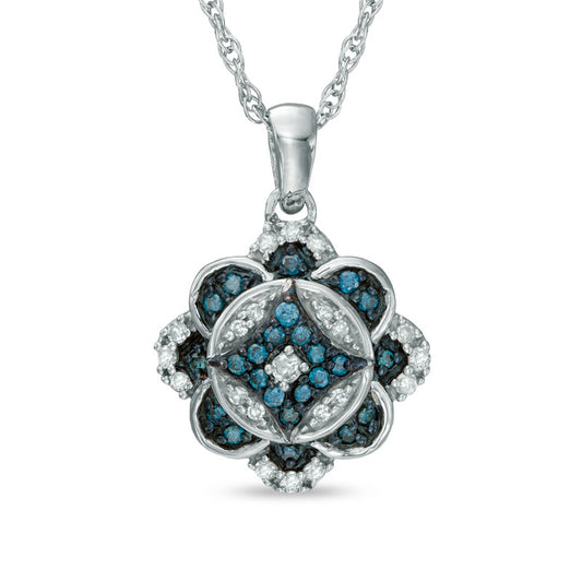 0.25 CT. T.W. Enhanced Blue and White Natural Diamond Antique Vintage-Style Clover Pendant in Sterling Silver