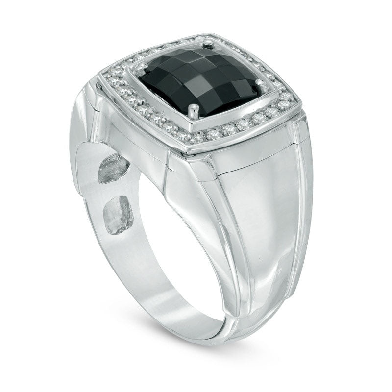 Men's 9.0mm Cushion-Cut Black Onyx and 0.25 CT. T.W. Natural Diamond Comfort Fit Ring in Sterling Silver