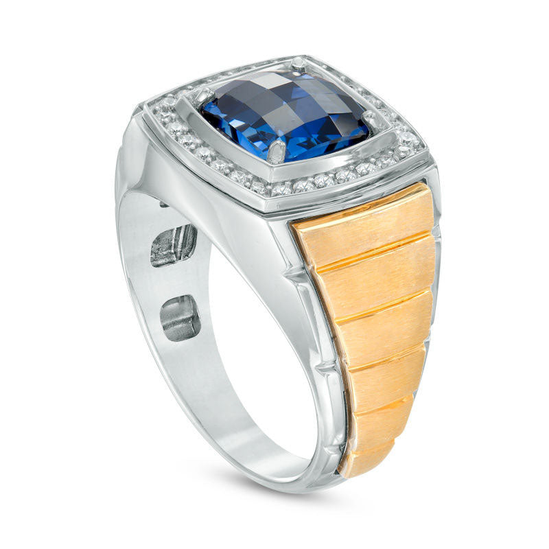 Men's 9.0mm Cushion-Cut Lab-Created Blue Sapphire and 0.25 CT. T.W. Diamond Comfort Fit Ring in Solid 10K Two-Tone Gold