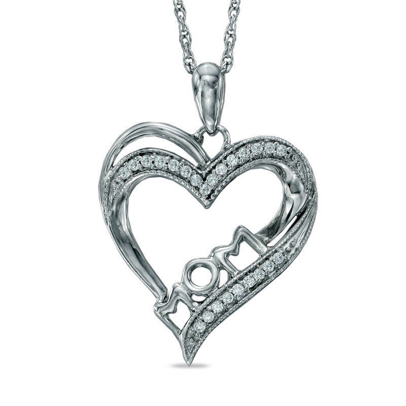 0.1 CT. T.W. Natural Diamond Antique Vintage-Style "MOM" Heart Pendant in Sterling Silver