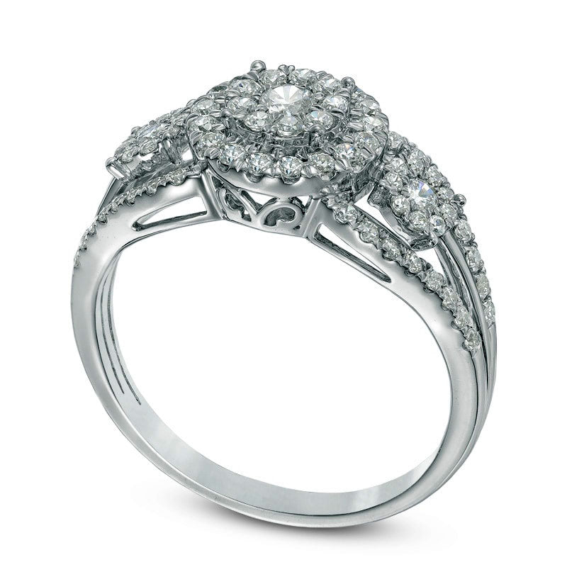 0.75 CT. T.W. Composite Natural Diamond Frame Three Stone Engagement Ring in Solid 10K White Gold