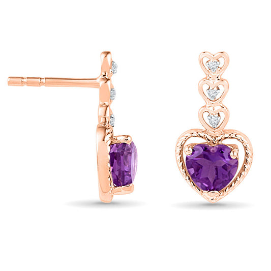 5.0mm Heart-Shaped Amethyst and Diamond Accent Heart Drop Earrings in 10K Rose Gold