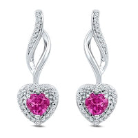 4.0mm Heart-Shaped Lab-Created Pink Sapphire and 0.17 CT. T.W. Diamond Drop Earrings in Sterling Silver