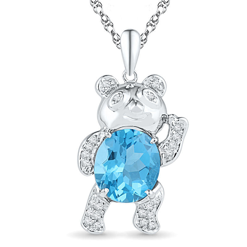 Oval Blue Topaz and 0.05 CT. T.W. Natural Diamond Teddy Bear Pendant in Sterling Silver