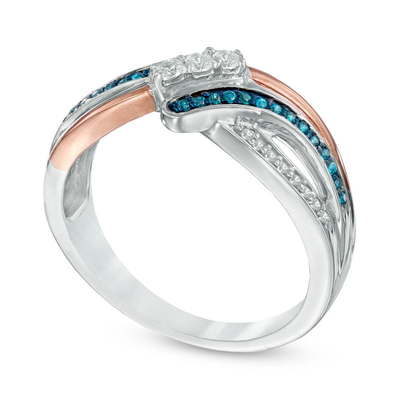 0.25 CT. T.W. Enhanced Blue and White Natural Diamond Three Stone Bypass Ring in Sterling Silver and Solid 10K Rose Gold