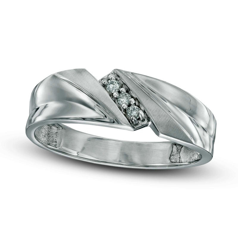 Men's Natural Diamond Accent Three Stone Slant Wedding Band in Solid 10K White Gold