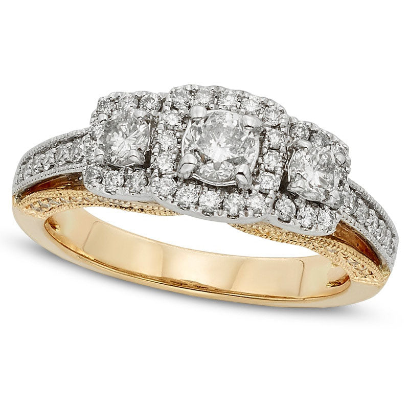 1.0 CT. T.W. Certified Natural Diamond Frame Three Stone Engagement Ring in Solid 14K Two-Tone Gold (I/I2)