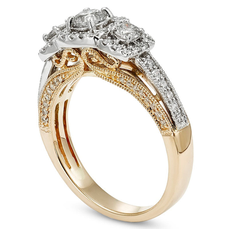 1.0 CT. T.W. Certified Natural Diamond Frame Three Stone Engagement Ring in Solid 14K Two-Tone Gold (I/I2)