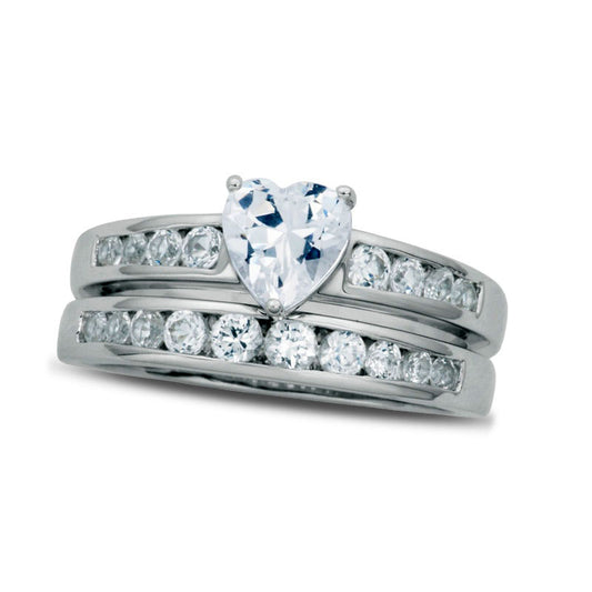 6.0mm Heart-Shaped Lab-Created White Sapphire Bridal Engagement Ring Set in Sterling Silver