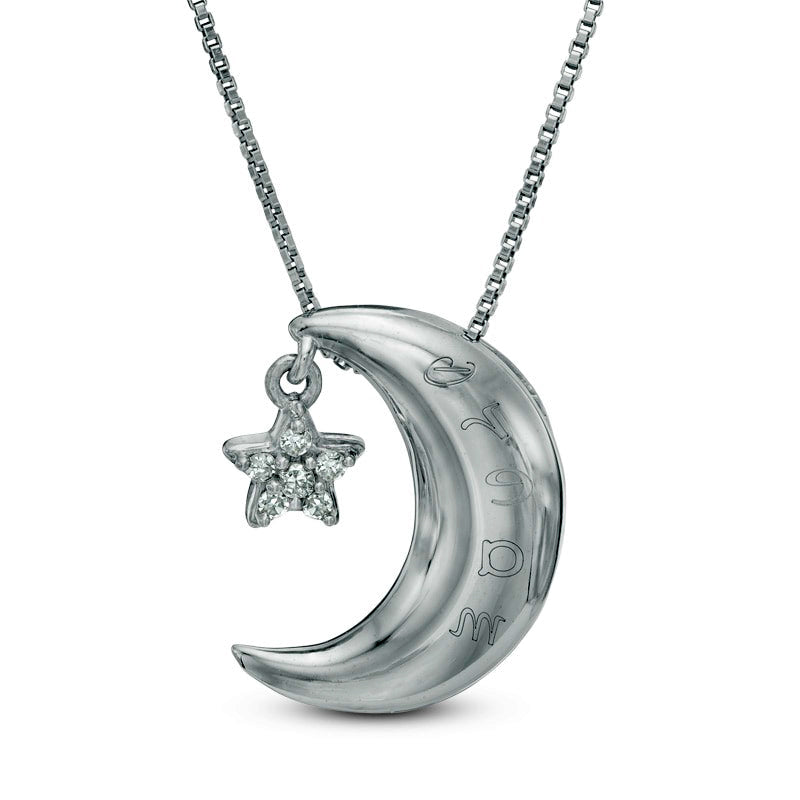 Natural Diamond Accent Crescent Moon with Star Dangle Pendant in Sterling Silver