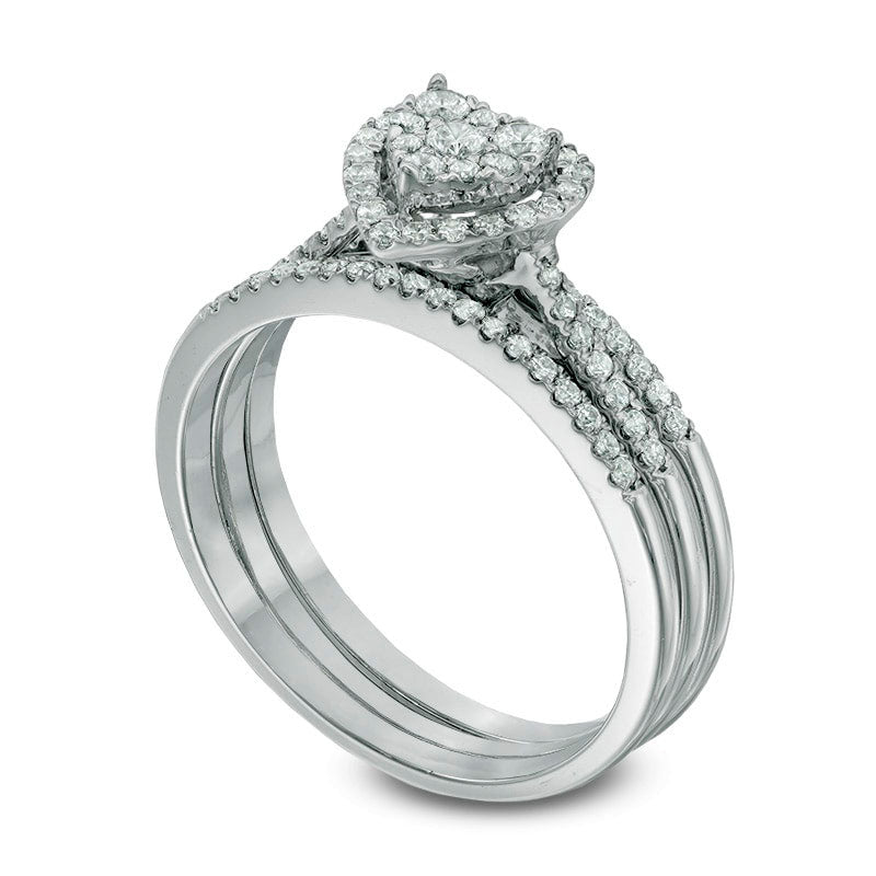 0.50 CT. T.W. Natural Diamond Heart Cluster Three Piece Bridal Engagement Ring Set in Solid 10K White Gold