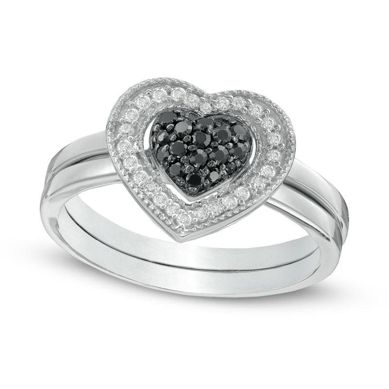 0.25 CT. T.W. Enhanced Black and White Natural Diamond Heart Cluster Bridal Engagement Ring Set in Sterling Silver