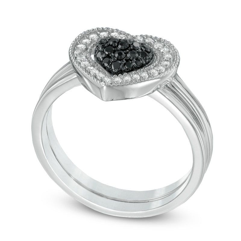 0.25 CT. T.W. Enhanced Black and White Natural Diamond Heart Cluster Bridal Engagement Ring Set in Sterling Silver