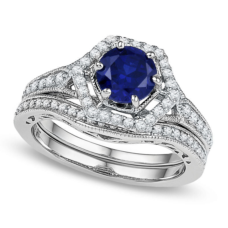 7.0mm Lab-Created Blue Sapphire and 0.38 CT. T.W. Diamond Bridal Engagement Ring Set in Solid 10K White Gold