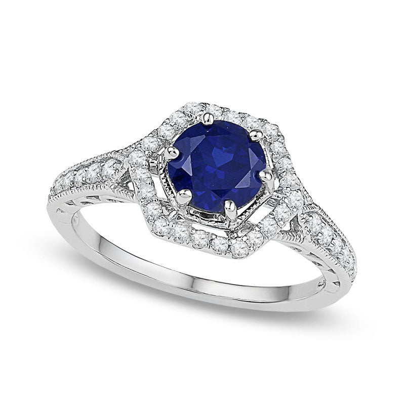 7.0mm Lab-Created Blue Sapphire and 0.38 CT. T.W. Diamond Bridal Engagement Ring Set in Solid 10K White Gold