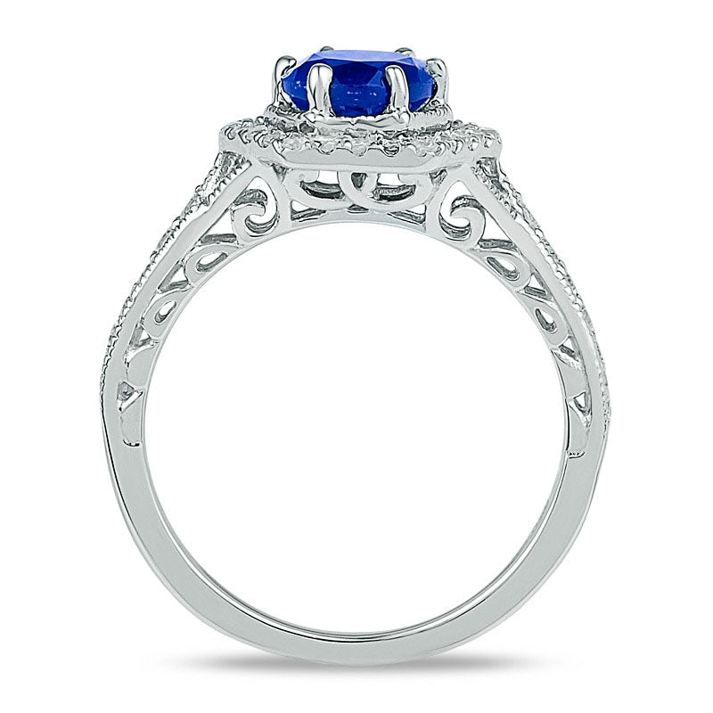 7.0mm Lab-Created Blue Sapphire and 0.38 CT. T.W. Diamond Bridal Engagement Ring Set in Solid 10K White Gold