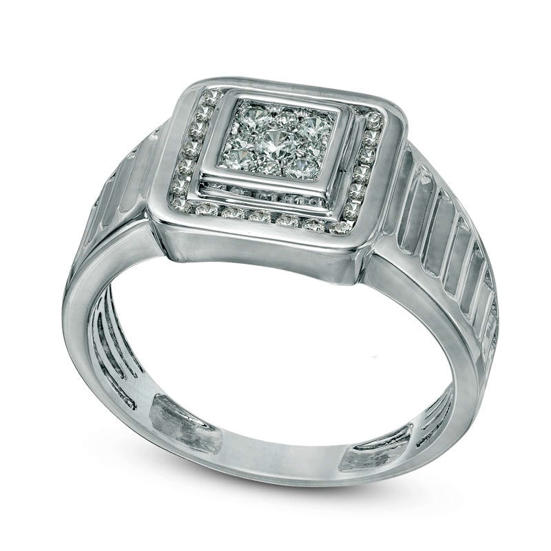 Men's 0.50 CT. T.W. Natural Diamond Square Frame Ribbed Ring in Solid 10K White Gold