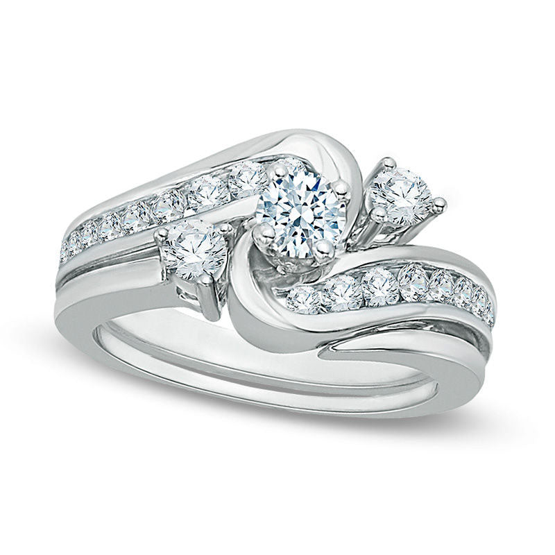 0.88 CT. T.W. Natural Diamond Three Stone Slant Bypass Bridal Engagement Ring Set in Solid 14K White Gold