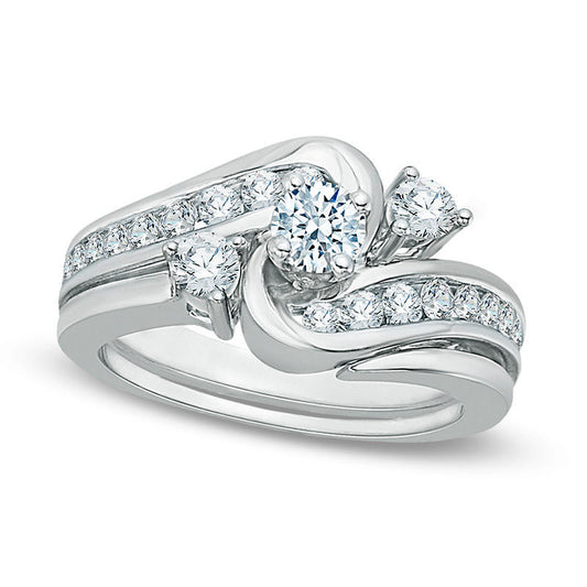 0.88 CT. T.W. Natural Diamond Three Stone Slant Bypass Bridal Engagement Ring Set in Solid 14K White Gold